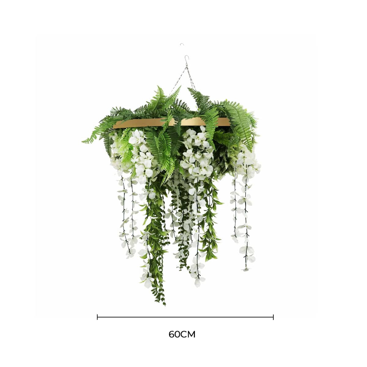 Gold Artificial Hanging Wisteria Disc Chandelier with Trailing White Blooms & Fern Foliage — 60cm UV Resistant