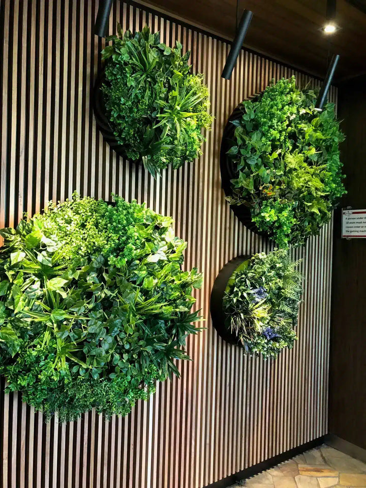 Four round green artificial planters mounted on a brown vertical slat wall, with overhead track lighting above them.