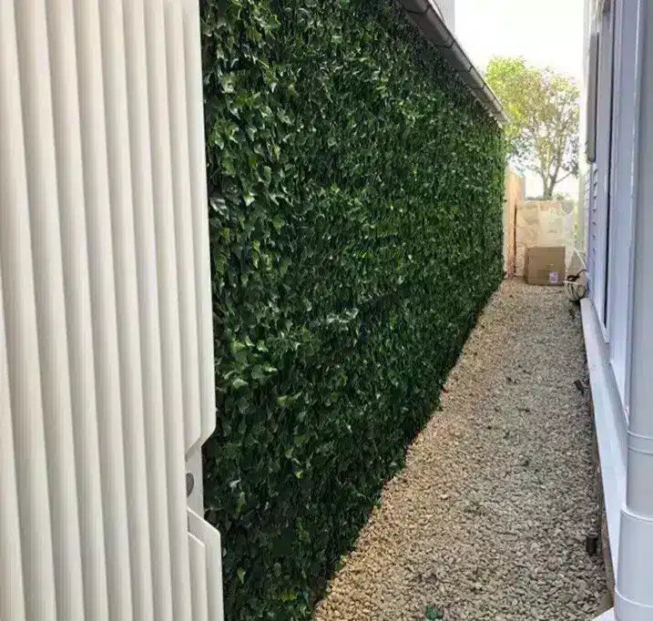 Artificial ivy hedge panels installed along a driveway / walkway