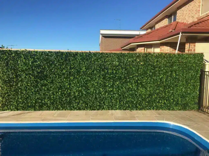 A tall, dense green artificial hedge wall installed along the edge of a backyard swimming pool, with a brick house and blue sky in the background.
