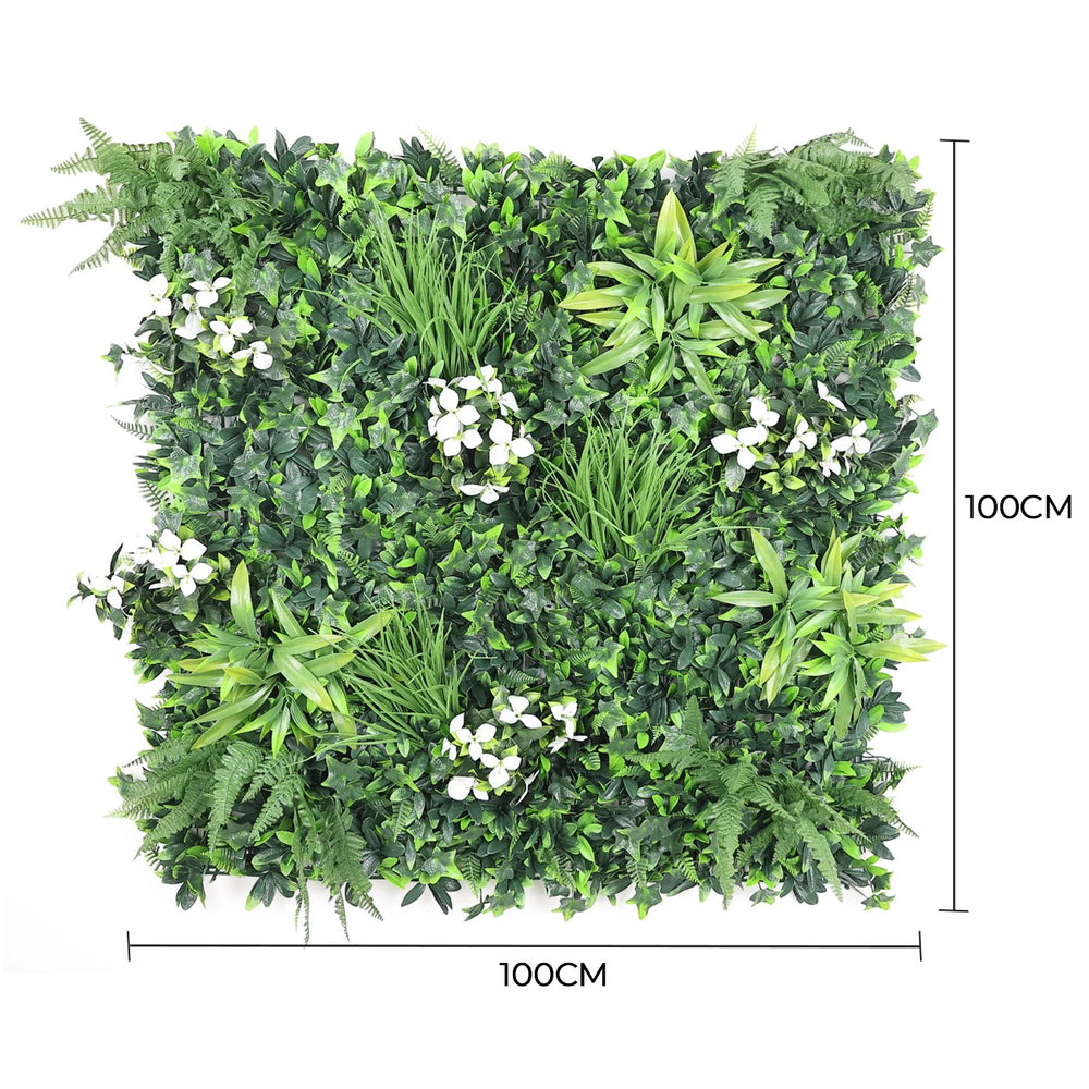 Artificial green wall panel with dimensions on a white background