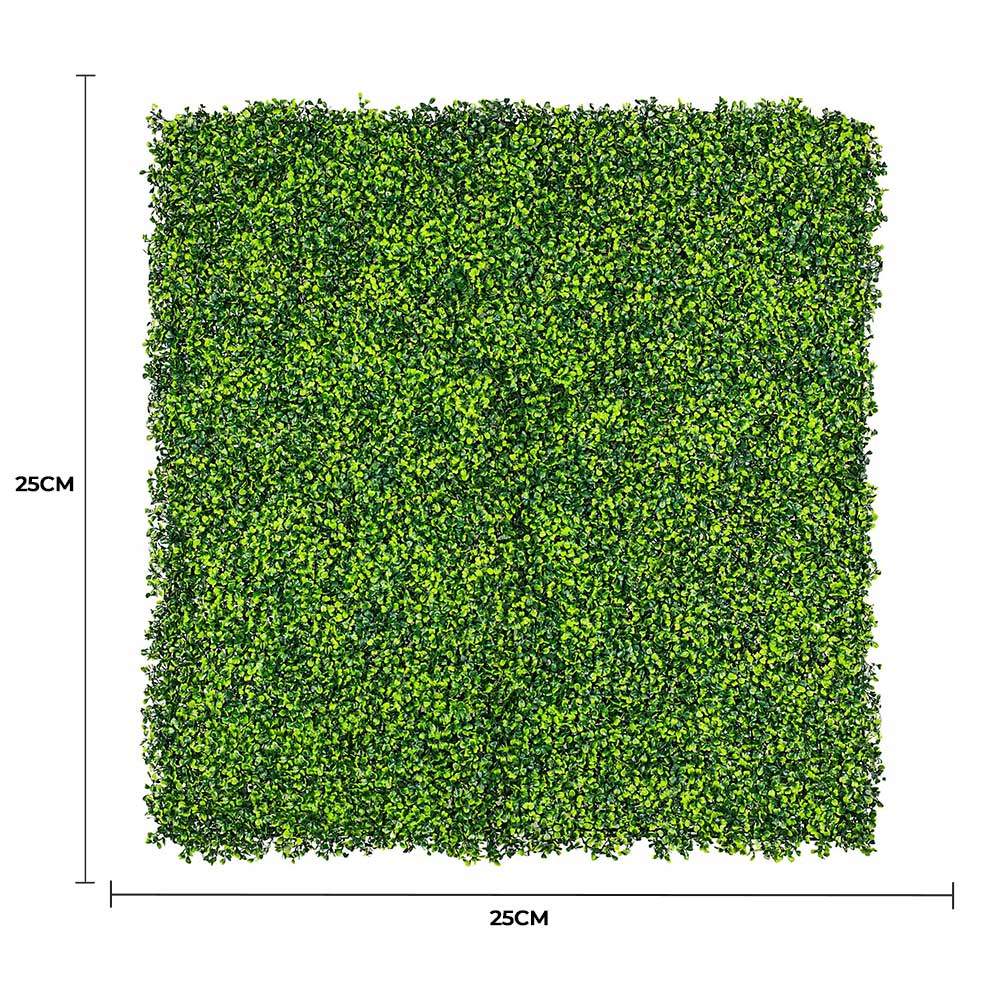 Artificial green wall panel with dimensions on a white background