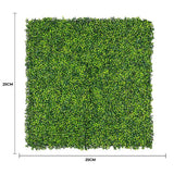 Artificial green wall panel with dimensions on a white background