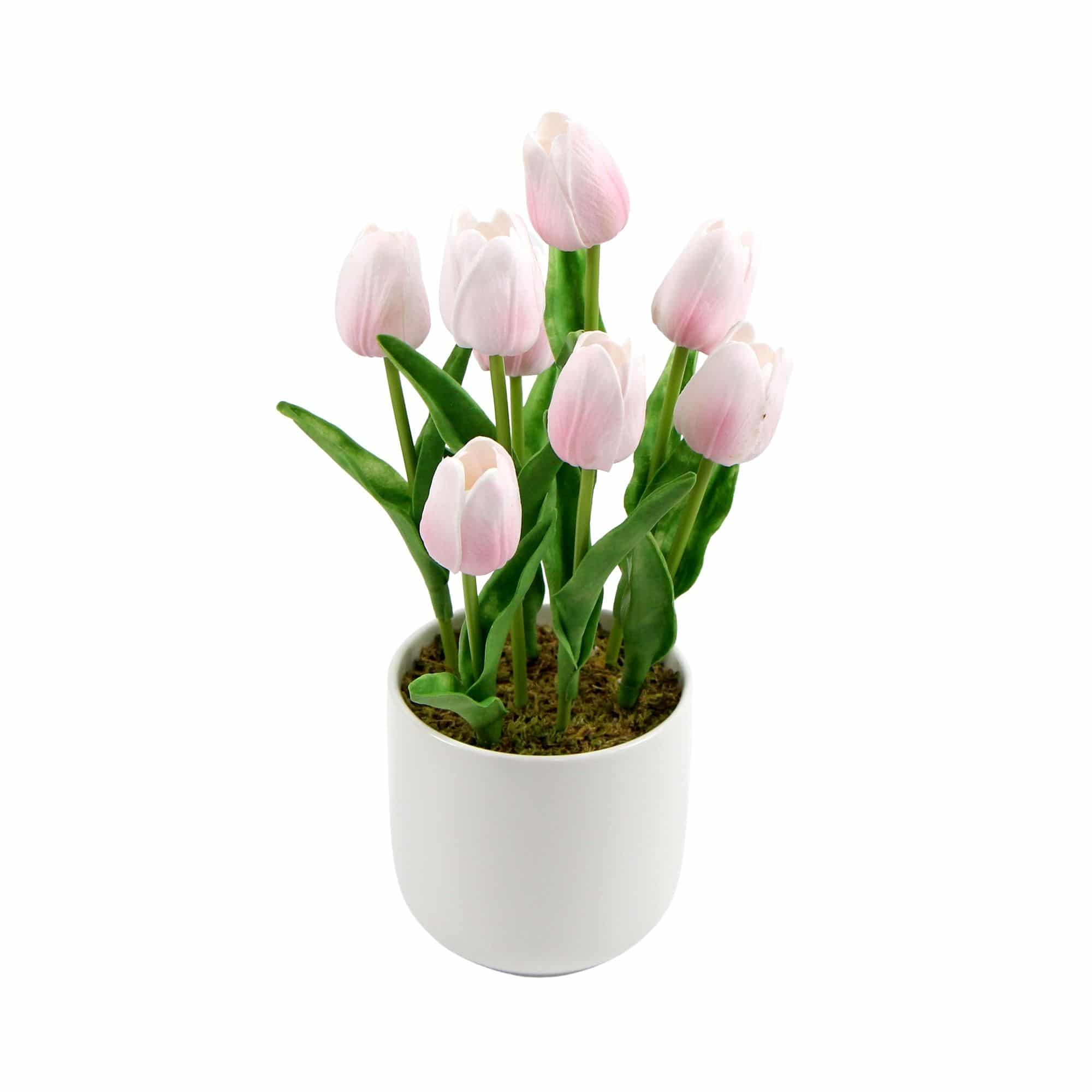 Flowering Pink Artificial Tulip Plant Arrangement With Ceramic Bowl 35cm - Designer Plants
