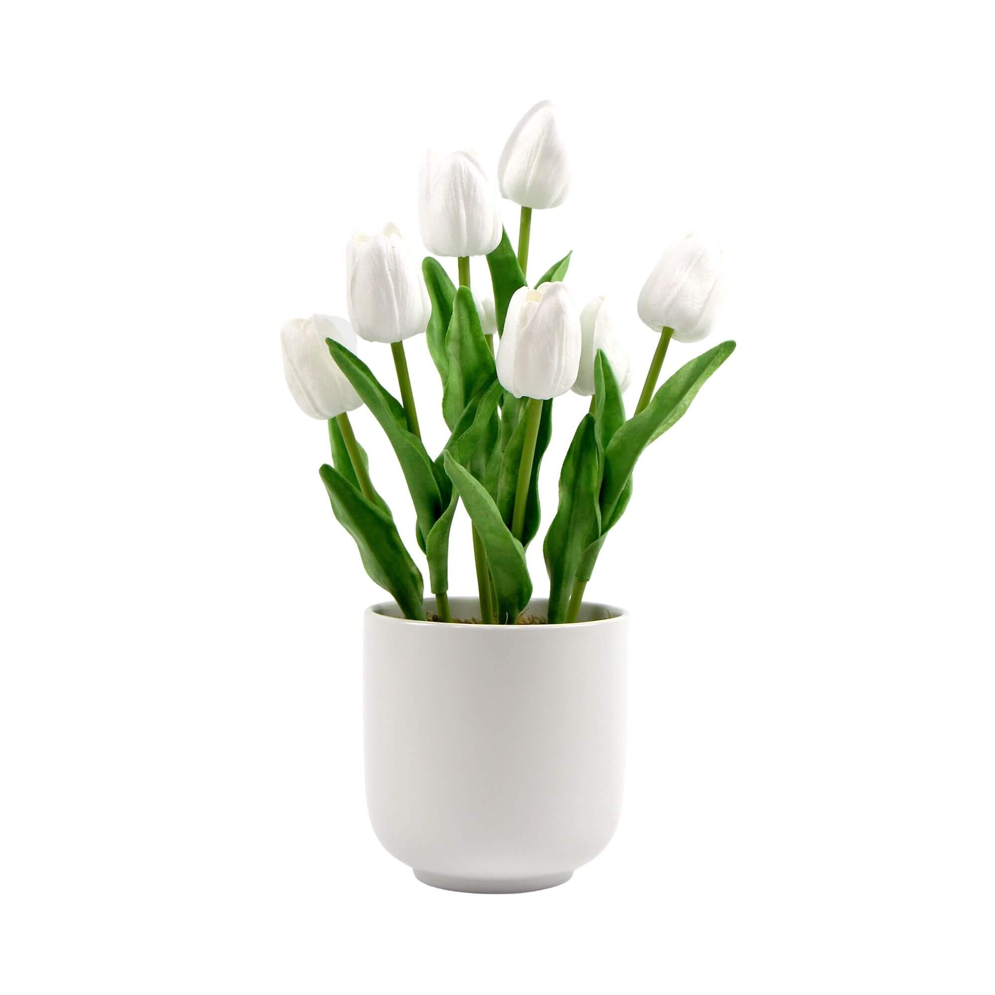 Flowering White Artificial Tulip Plant Arrangement With Ceramic Bowl 35cm - Designer Plants
