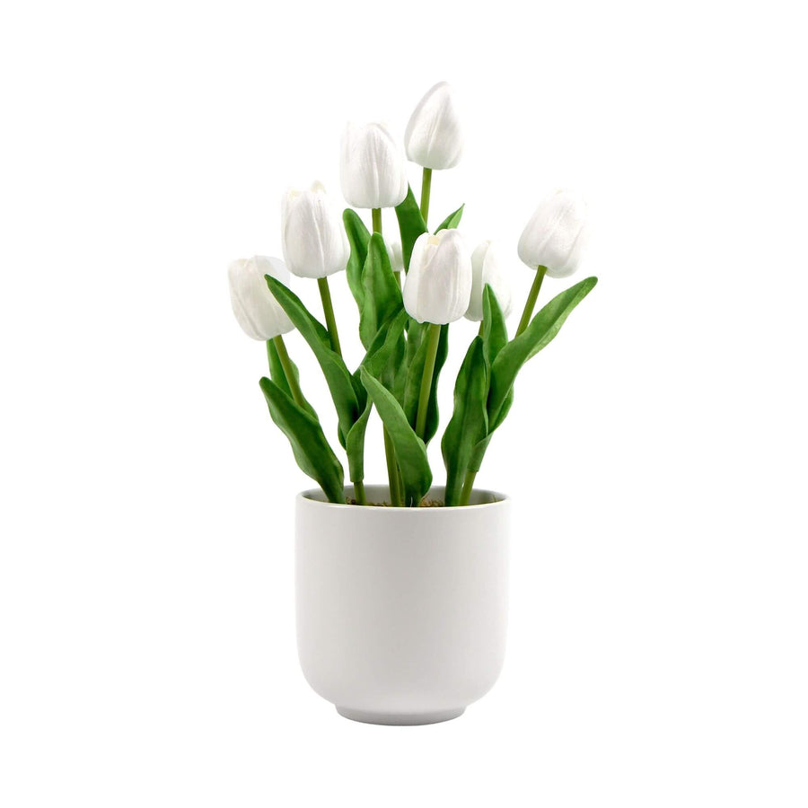 Flowering White Artificial Tulip Plant Arrangement With Ceramic Bowl 35cm - Designer Plants