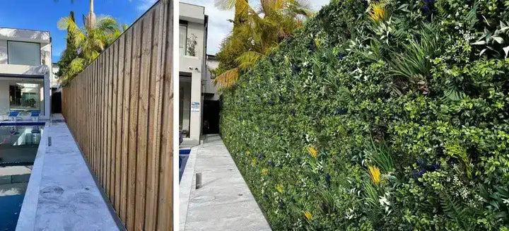 A split-screen comparison showing two types of outdoor privacy screens: a vertical wooden slat fence on the left and a lush green artificial living wall on the right, both installed next to a poolside patio walkway.