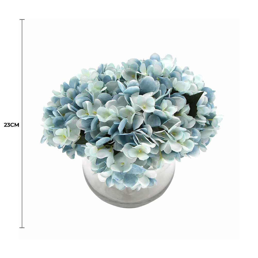 Premium Artificial Hydrangea with Glass Vase (Flowering Blue Hydrangea) 23cm