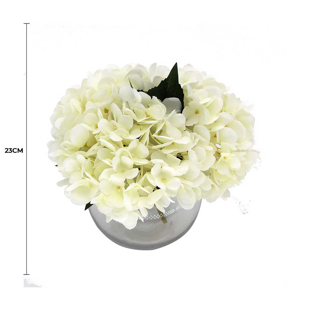 Premium Artificial Hydrangea with Glass Vase (Flowering White Hydrangea) 23cm