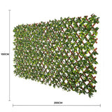 Artificial green wall panel with dimensions on a white background