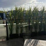 180cm premium potted artificial Yucca/Reed Grass arranged along a glass balcony railing, creating a tall, lush green privacy screen in a bright outdoor setting.