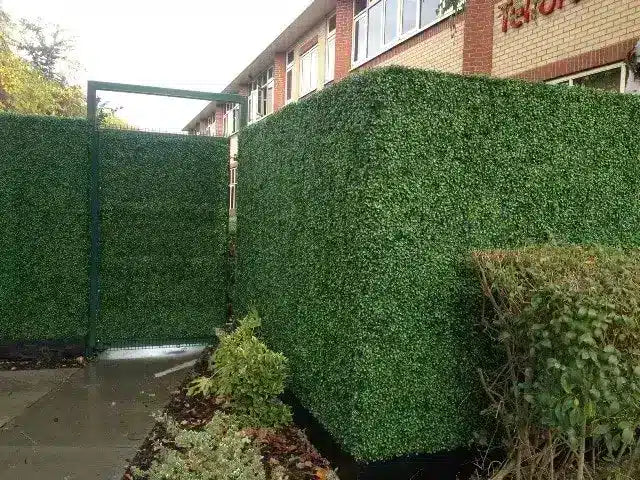 Enhanced apartment courtyard security screen with boxwood panels.