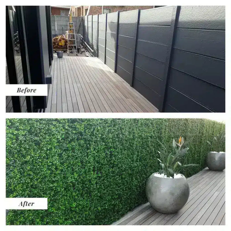Before / After Installation of Artificial Deluxe Buxus Hedge Panels