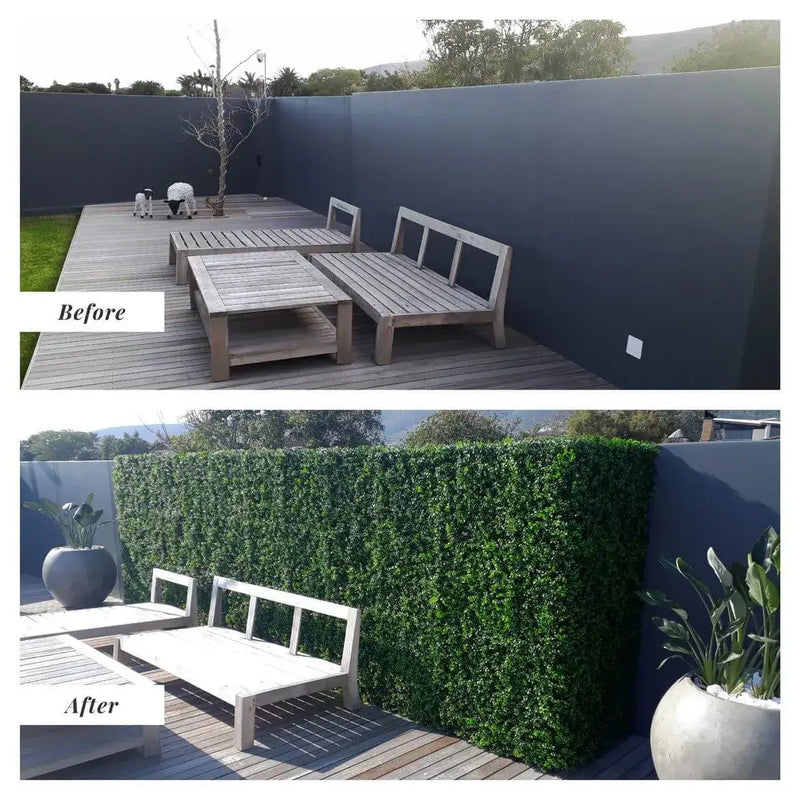Before / After installation of artificial buxus hedge panels along a courtyard fence