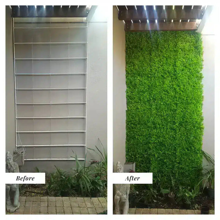 A side-by-side before and after comparison showing a vertical wall-mounted metal trellis on the left and a lush green artificial living wall on the right, installed against a white exterior wall with plants at the base.