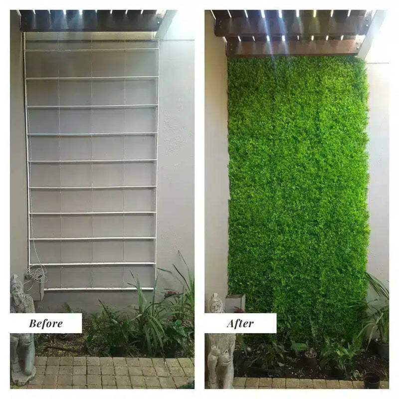 Before / After Artificial fern hedge panels installed onto a wall