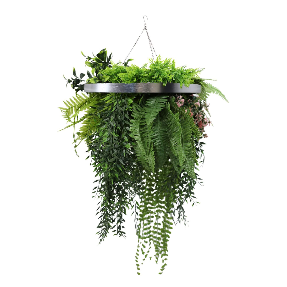 Silver Artificial Hanging Plant Disc Chandelier with Lush Draping Foliage — 40cm UV Resistant - Designer Plants