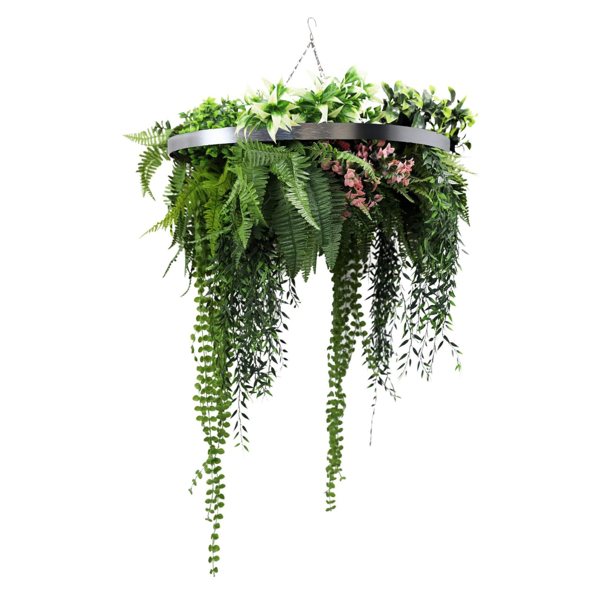 Silver Artificial Hanging Plant Disc Chandelier with Premium Fern Foliage & Trailing Greenery — 60cm UV Resistant