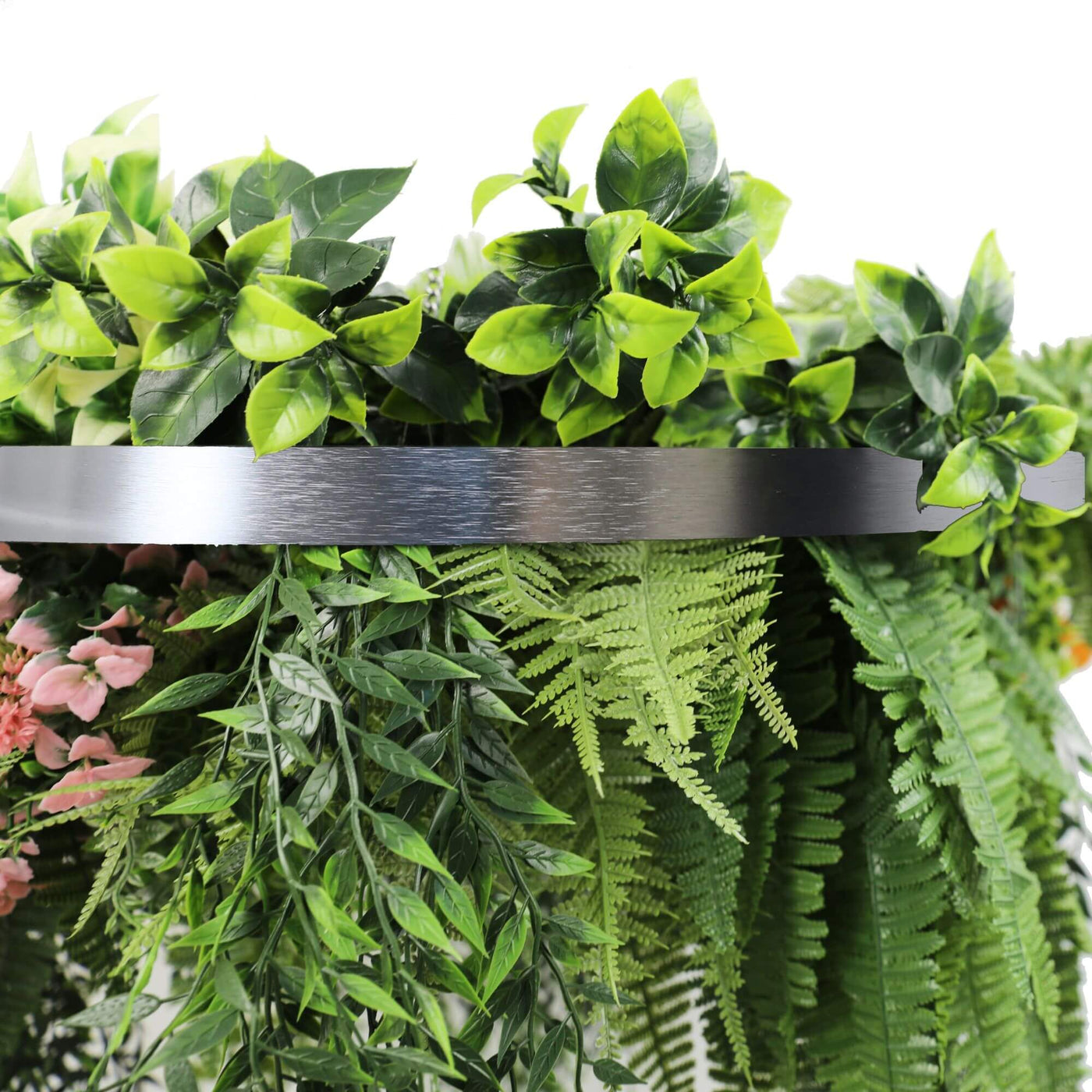 Silver Artificial Hanging Plant Disc Chandelier with Premium Fern Foliage & Trailing Greenery — 60cm UV Resistant