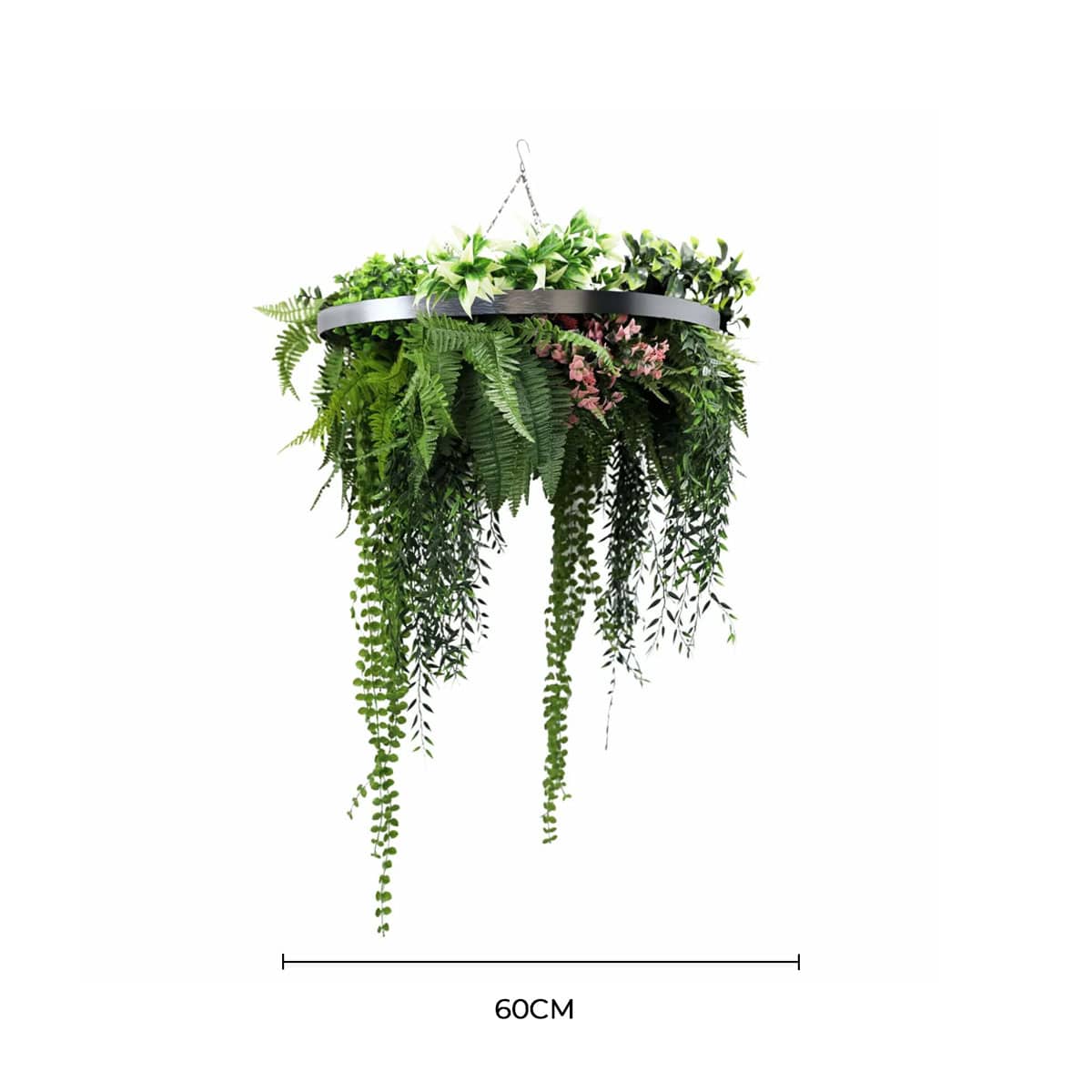 Silver Artificial Hanging Plant Disc Chandelier with Premium Fern Foliage & Trailing Greenery — 60cm UV Resistant