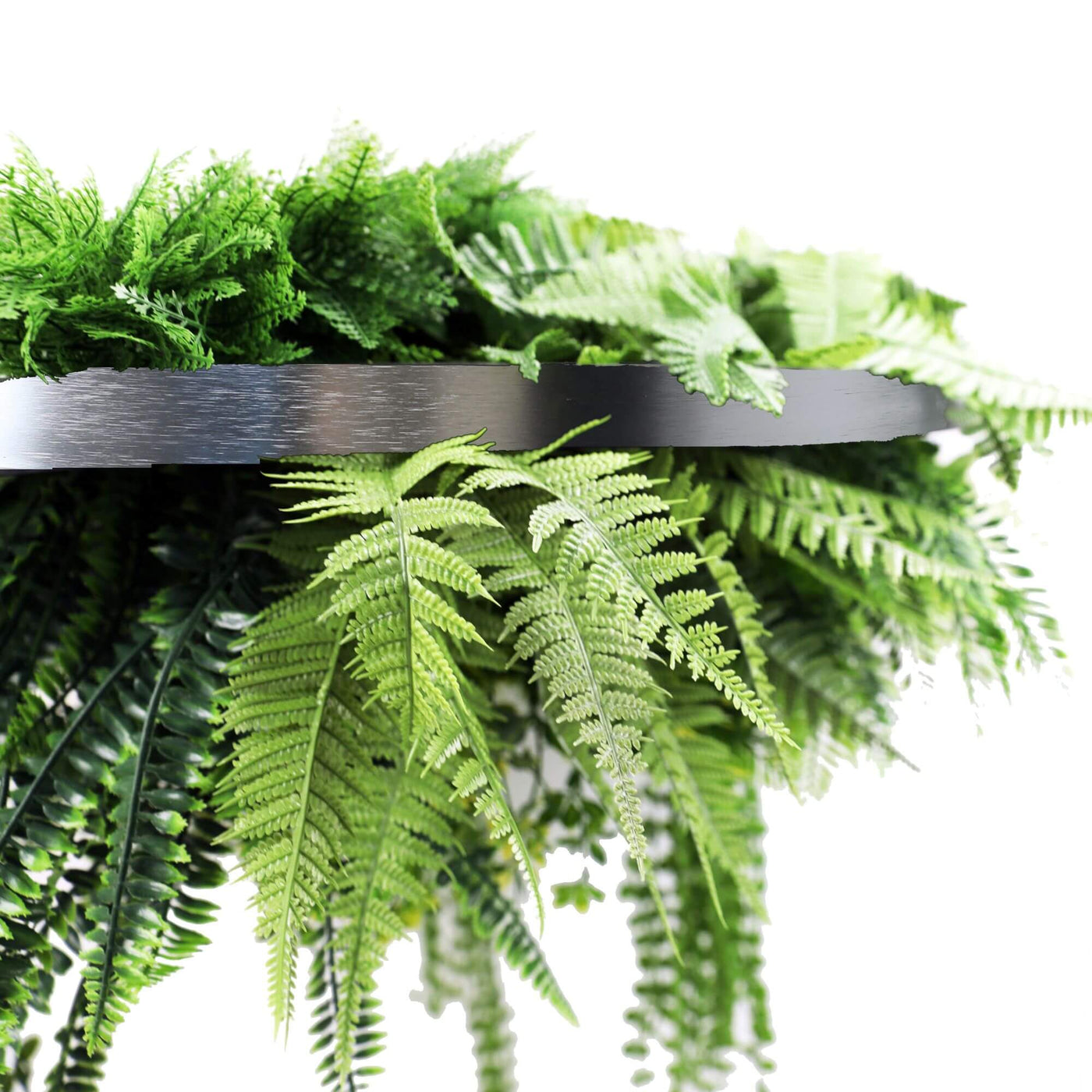 Silver Artificial Hanging Plant Disc Chandelier with Realistic Trailing Greenery & Ferns — 80cm UV Resistant