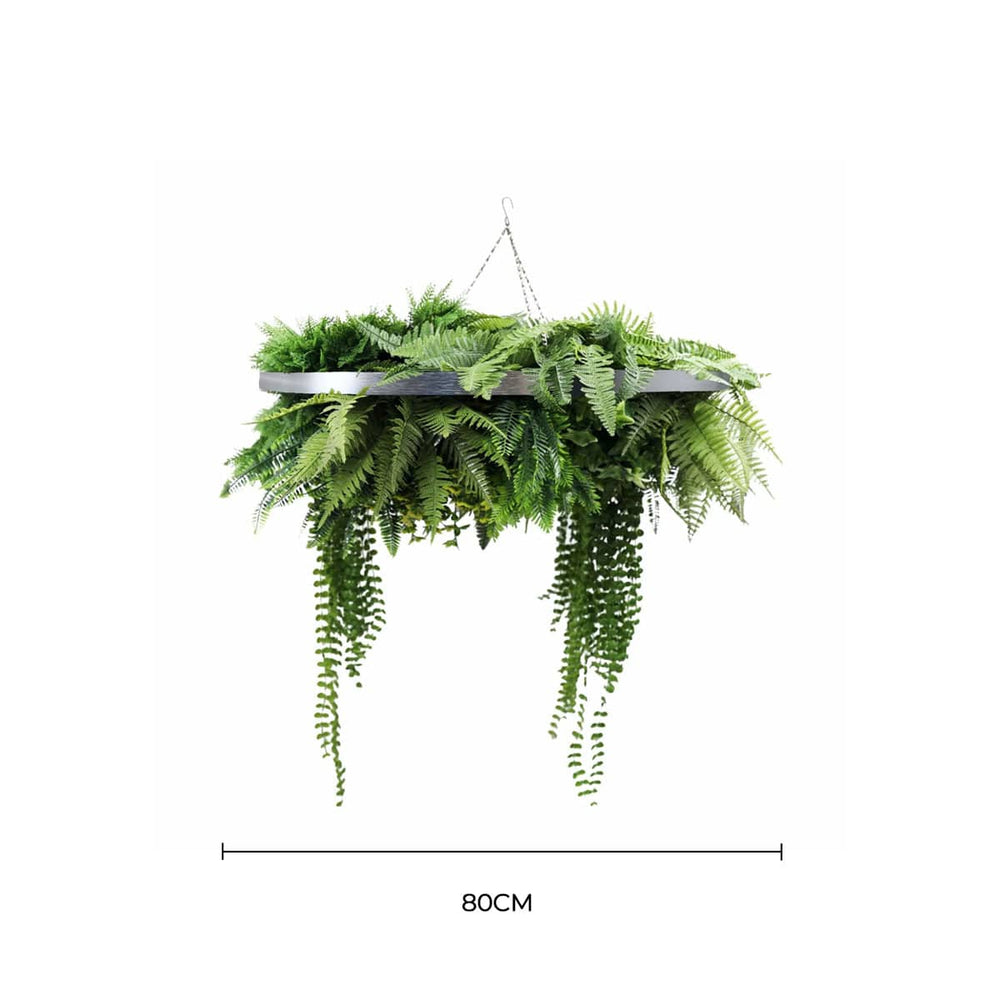Silver Artificial Hanging Plant Disc Chandelier with Realistic Trailing Greenery & Ferns — 80cm UV Resistant