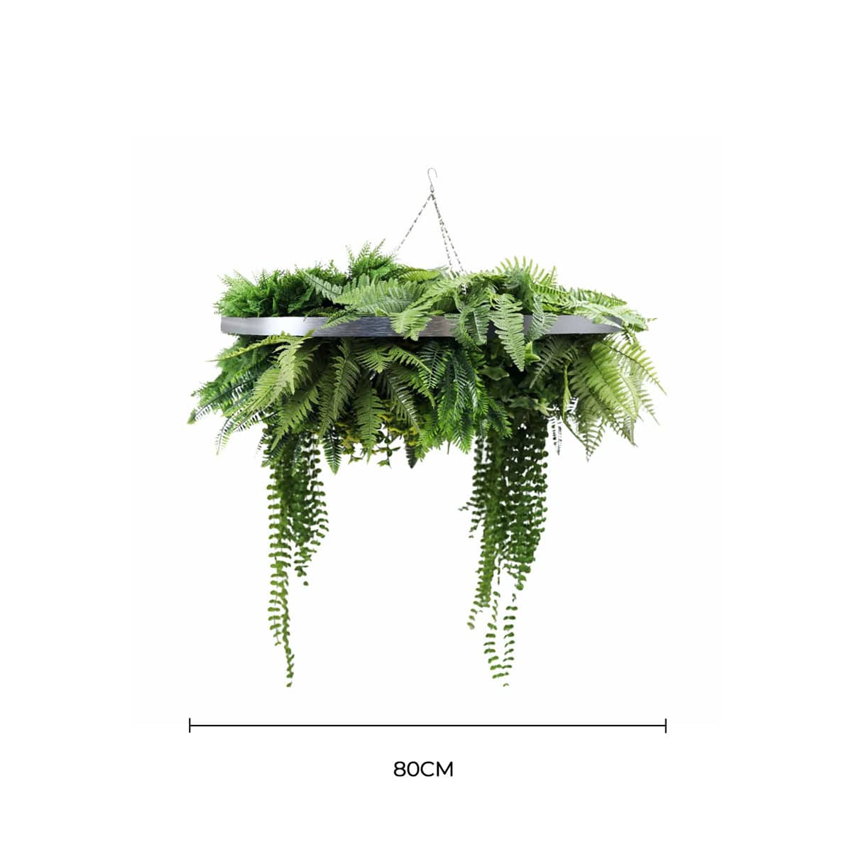 Silver Artificial Hanging Plant Disc Chandelier with Realistic Trailing Greenery & Ferns — 80cm UV Resistant