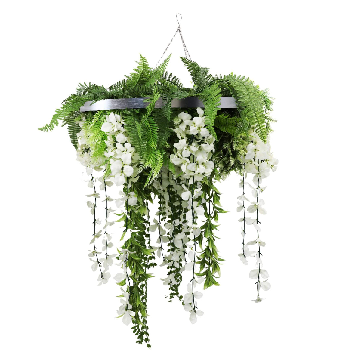 Silver Artificial Hanging Wisteria Disc Chandelier with Trailing White Blooms & Fern Foliage — 60cm UV Resistant
