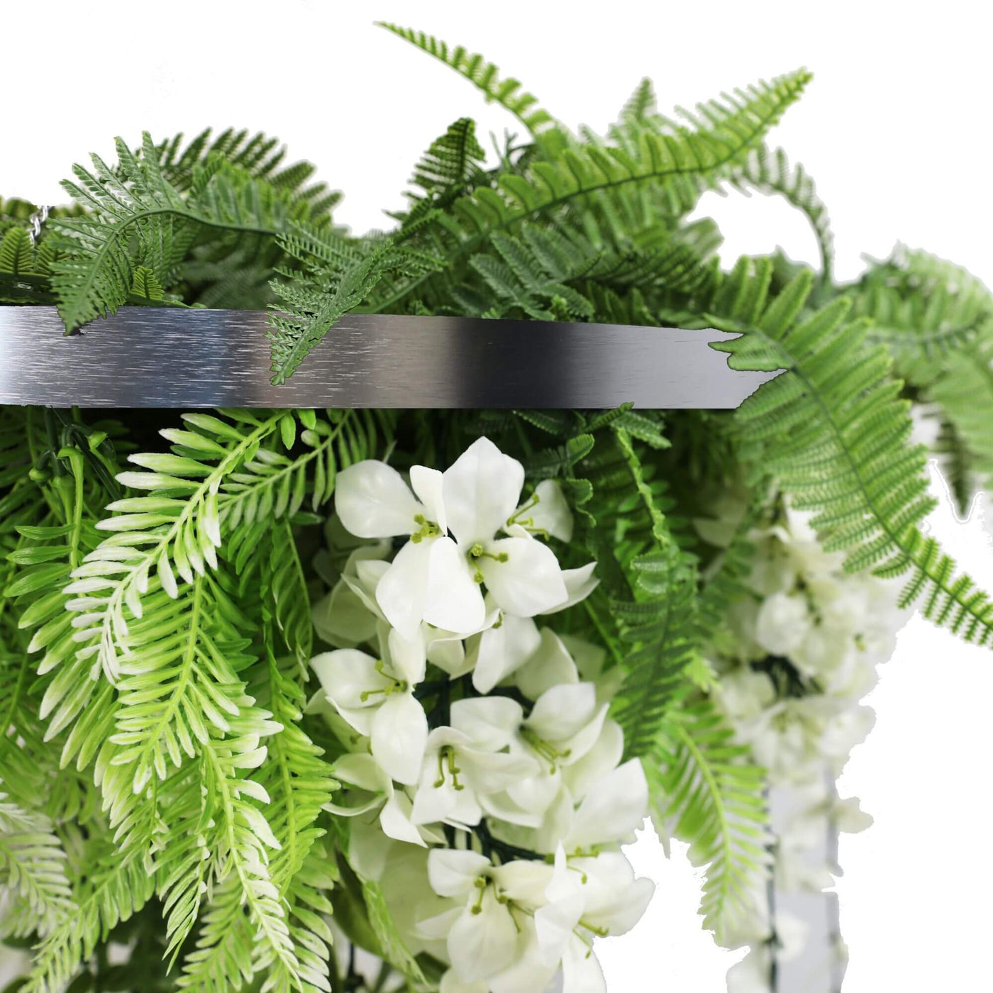 Silver Artificial Hanging Wisteria Disc Chandelier with Trailing White Blooms & Fern Foliage — 60cm UV Resistant