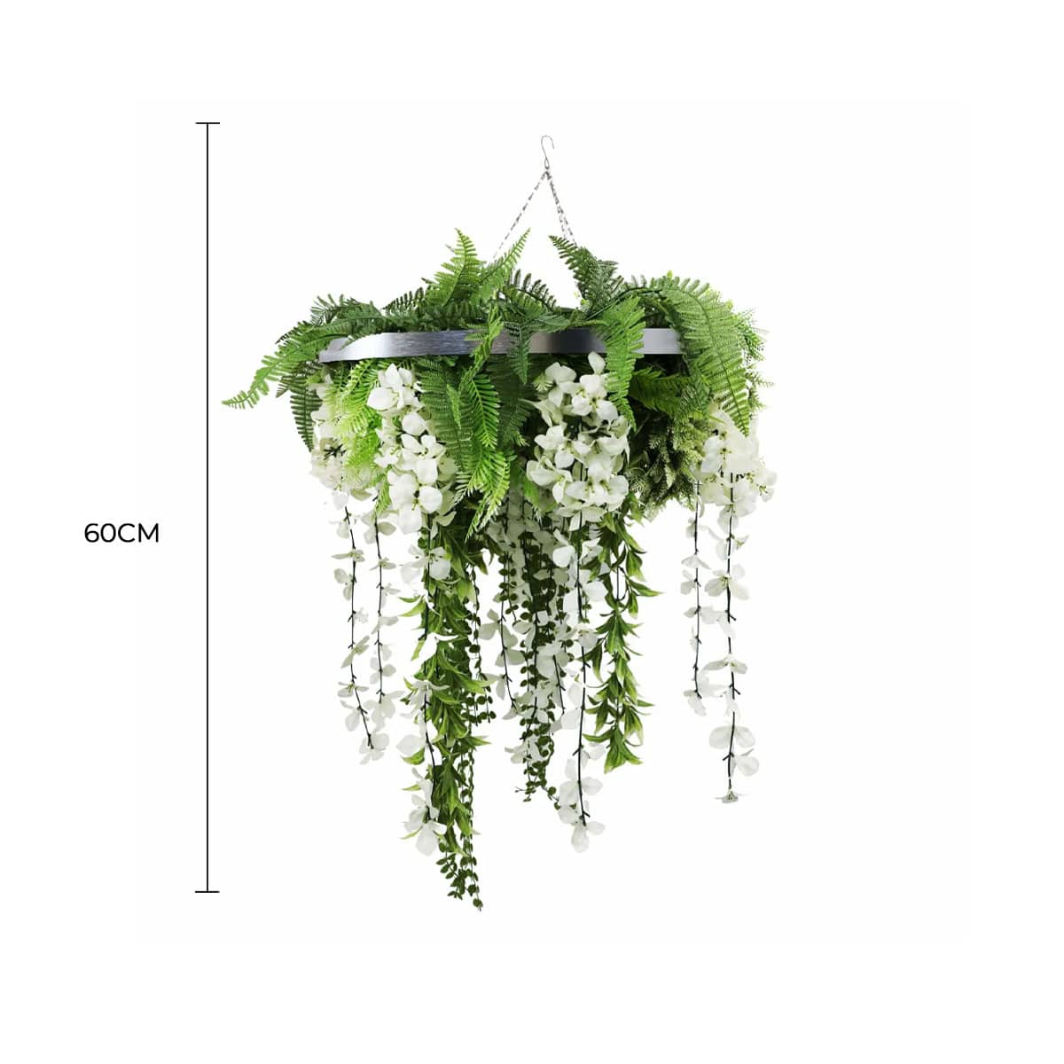 Silver Artificial Hanging Wisteria Disc Chandelier with Trailing White Blooms & Fern Foliage — 60cm UV Resistant