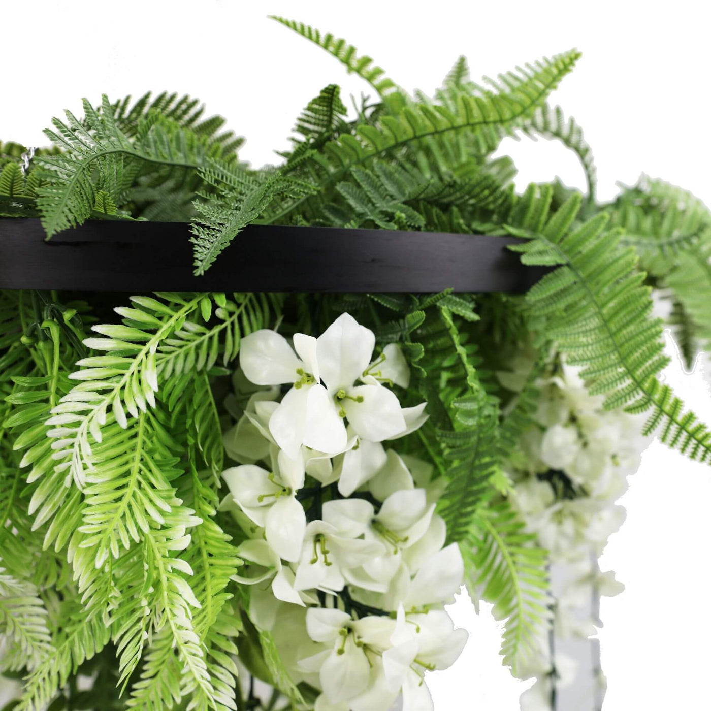 Black Artificial Hanging Wisteria Disc Chandelier with Trailing White Blooms & Fern Foliage — 60cm UV Resistant