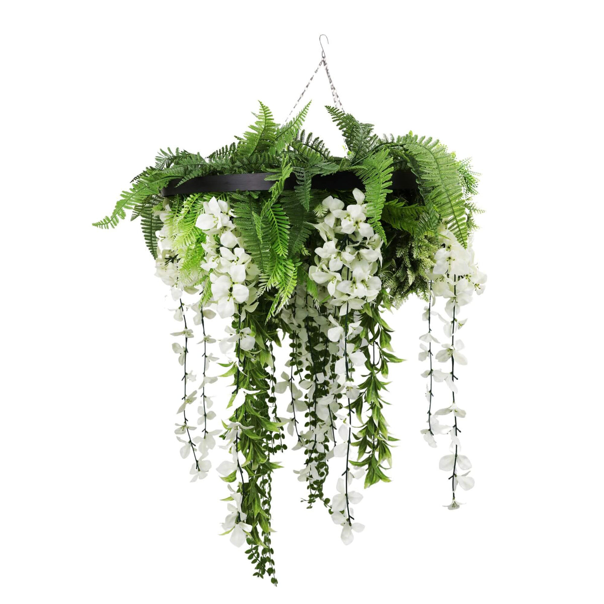 Black Artificial Hanging Wisteria Disc Chandelier with Trailing White Blooms & Fern Foliage — 60cm UV Resistant