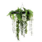 Black Artificial Hanging Wisteria Disc Chandelier with Trailing White Blooms & Fern Foliage — 60cm UV Resistant