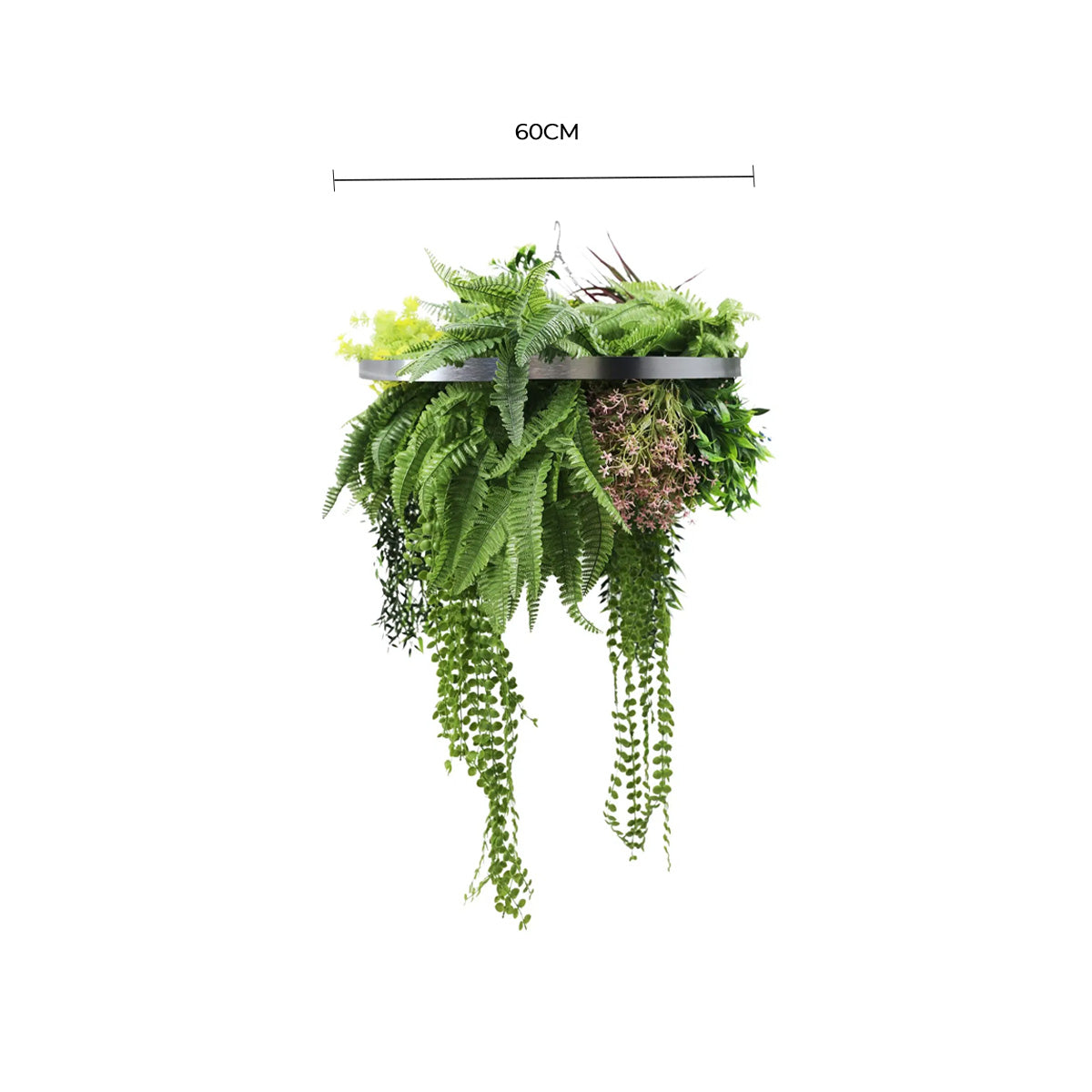 Silver Artificial Hanging Plant Disc Chandelier with Tropical Fern Foliage & Trailing Greenery — 60cm UV Resistant