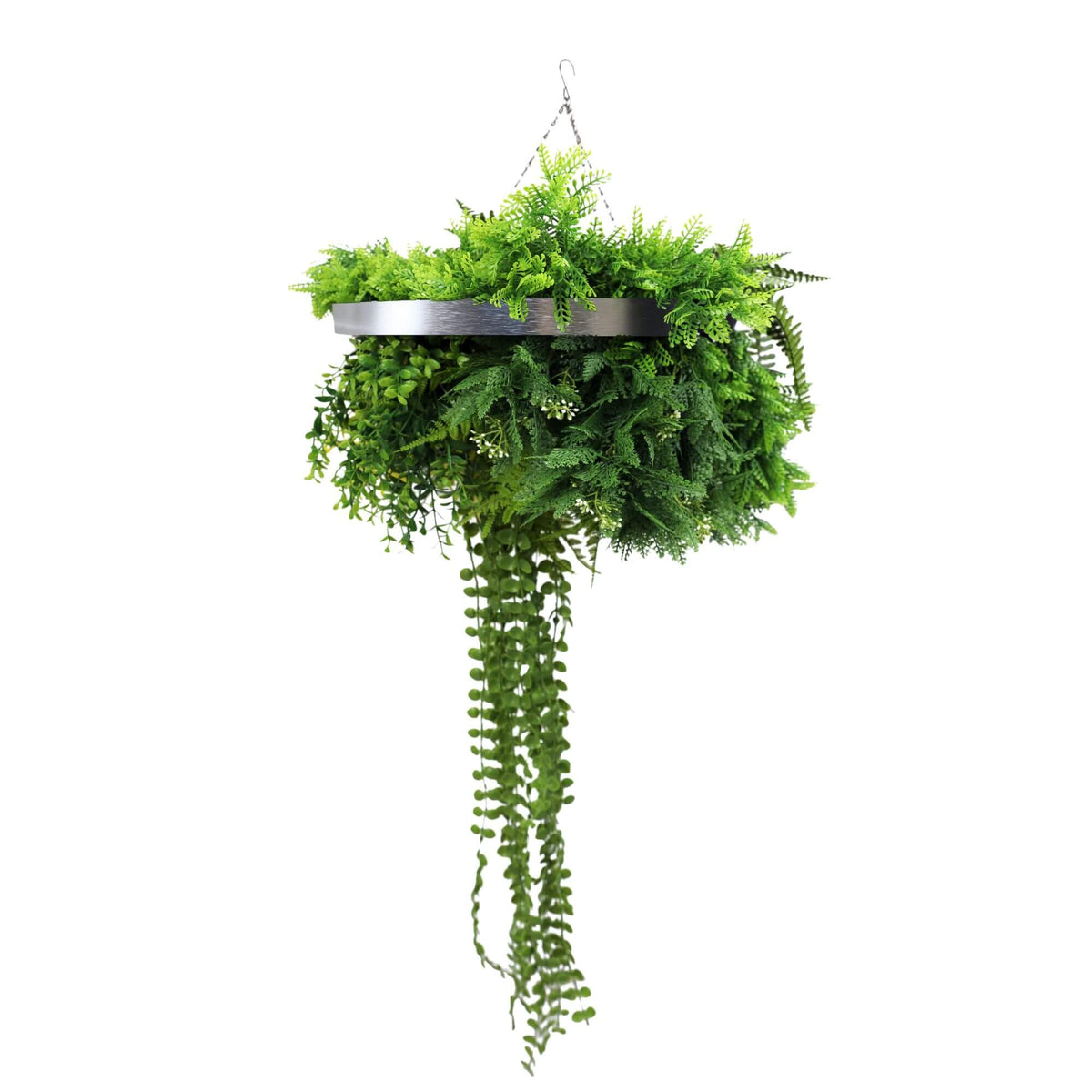 Silver Artificial Hanging Plant Disc Chandelier with Life-Like Trailing Foliage & Draping Greenery — 40cm UV Resistant