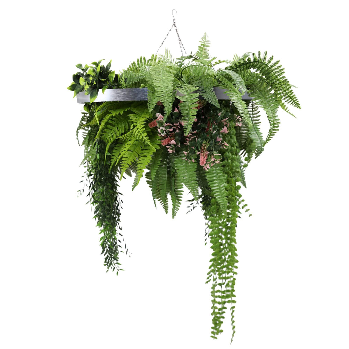 Silver Artificial Hanging Plant Disc Chandelier with Cascading Greenery & Trailing Fern Foliage — 60cm UV Resistant