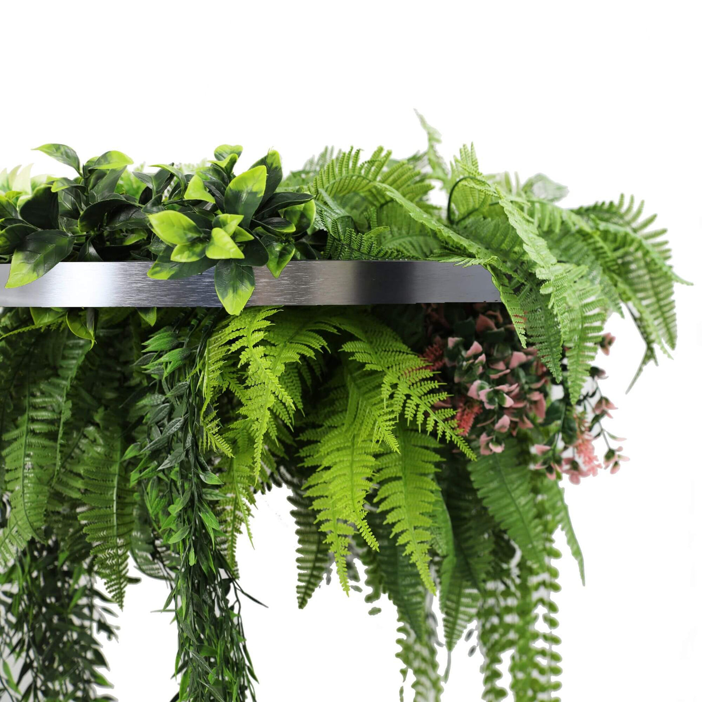 Silver Artificial Hanging Plant Disc Chandelier with Cascading Greenery & Trailing Fern Foliage — 60cm UV Resistant