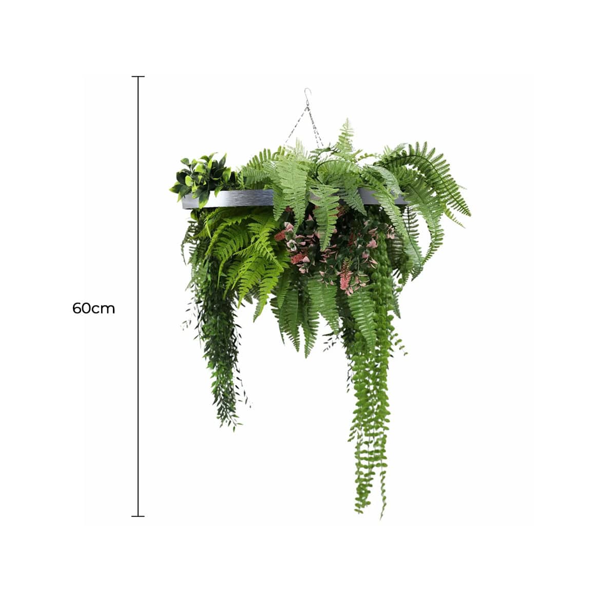 Silver Artificial Hanging Plant Disc Chandelier with Cascading Greenery & Trailing Fern Foliage — 60cm UV Resistant