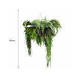 Silver Artificial Hanging Plant Disc Chandelier with Cascading Greenery & Trailing Fern Foliage — 60cm UV Resistant