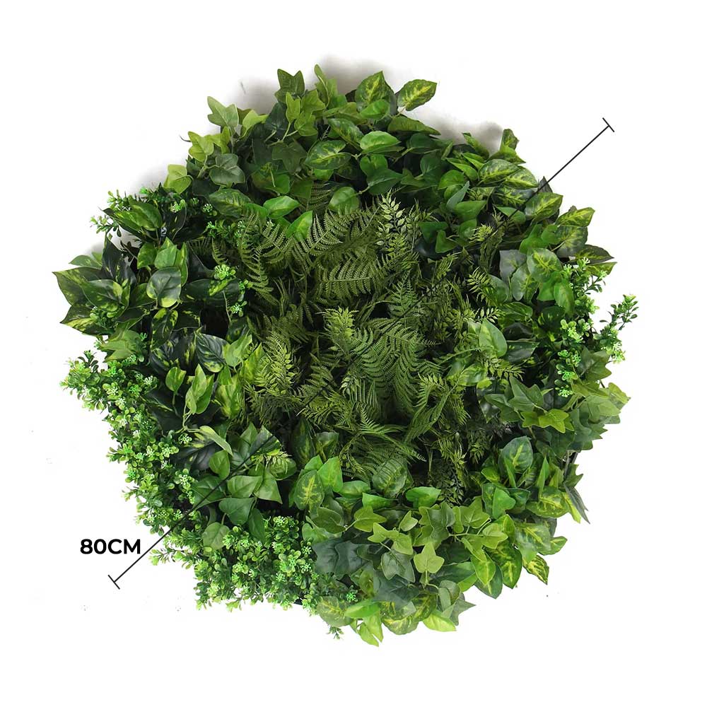 Slimline Artificial Green Wall Disc Art 80cm Mixed Green Fern & Ivy (Modern Black)