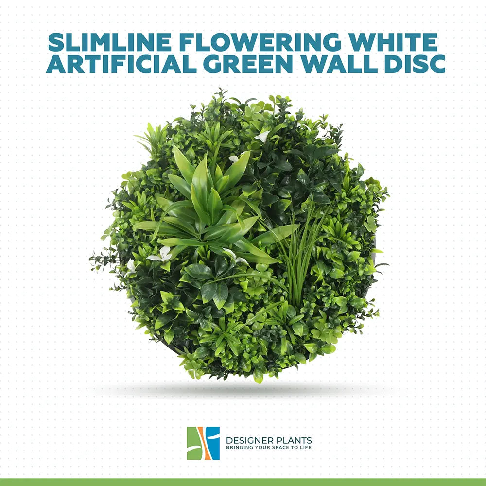 Slimline Flowering White Artificial Green Wall Disc UV Resistant 50cm (Black Frame)
