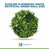Slimline Flowering White Artificial Green Wall Disc UV Resistant 75cm (Black Frame)