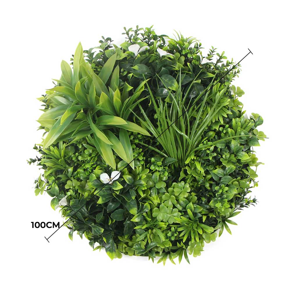Slimline Flowering White Artificial Green Wall Disc UV Resistant 100cm (White Frame)