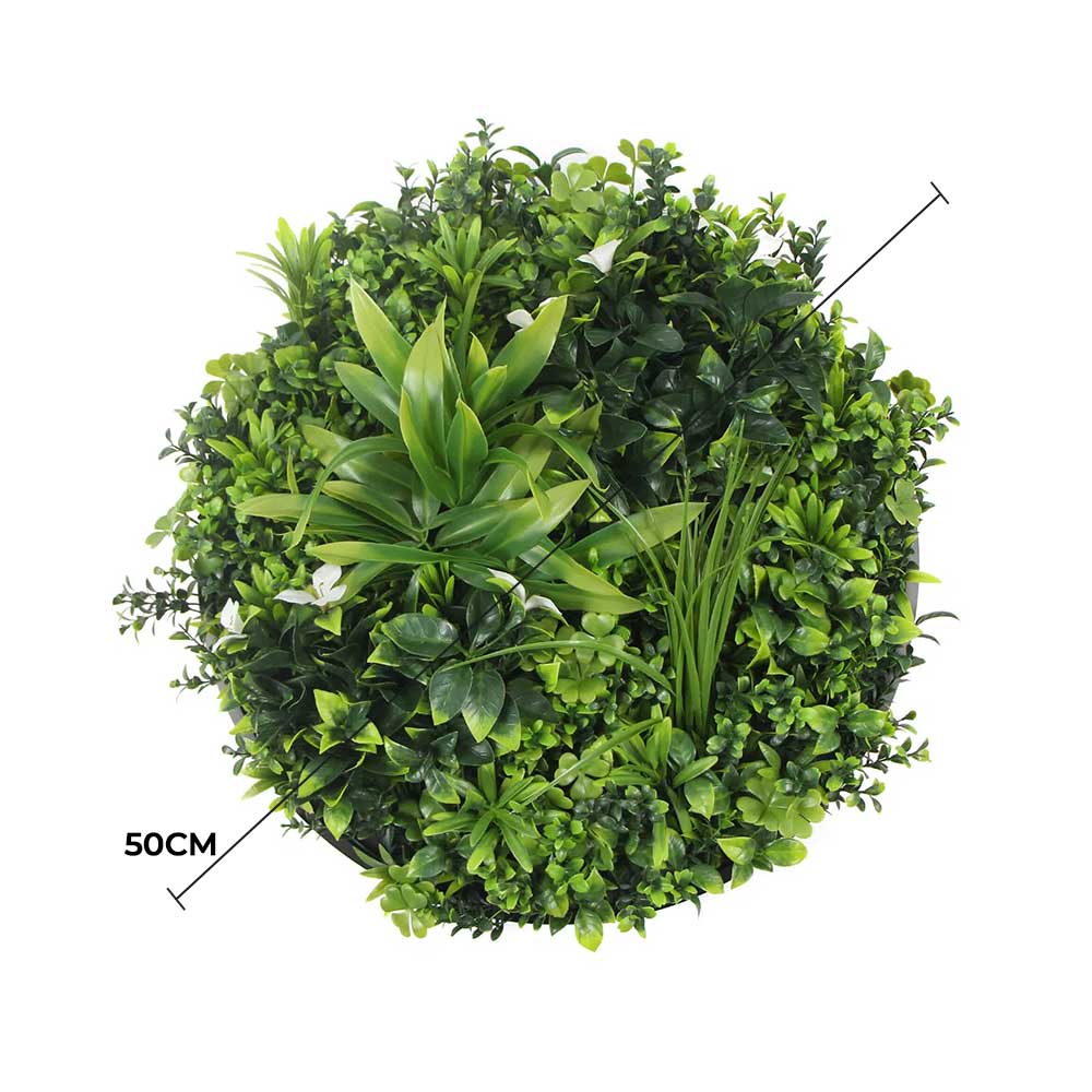 Slimline Flowering White Artificial Green Wall Disc UV Resistant 50cm (Black Frame)