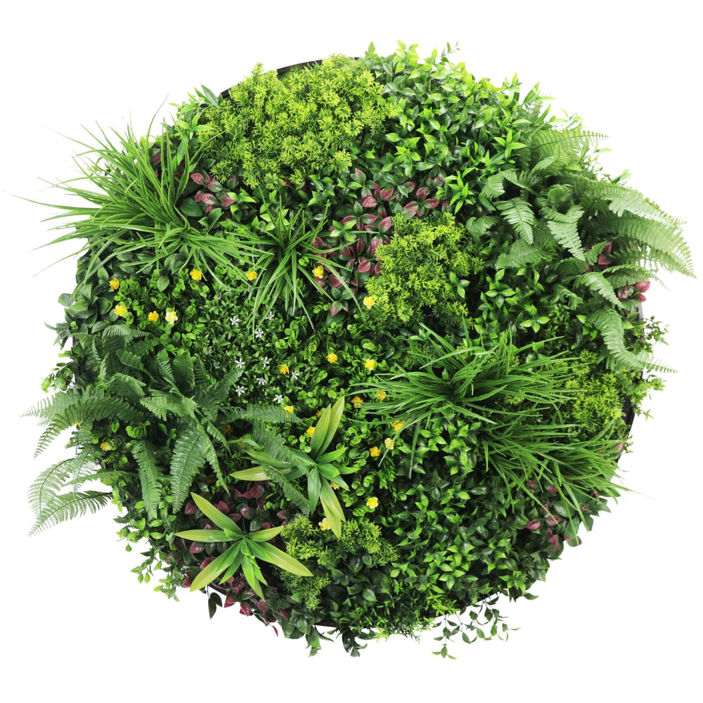 Slimline Artificial Green Wall Disc Art 100cm Country Fern UV Resistant (Black) - Designer Plants