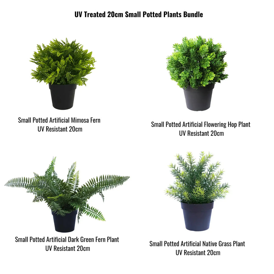 Four small potted artificial plants arranged in a 2x2 grid on a white background, with text labels naming each type: Mimosa Fern, Flowering Hop Plant, Dark Green Fern, and Native Grass Plant. The header reads 'UV Treated 20cm Small Potted Plants Bundle.