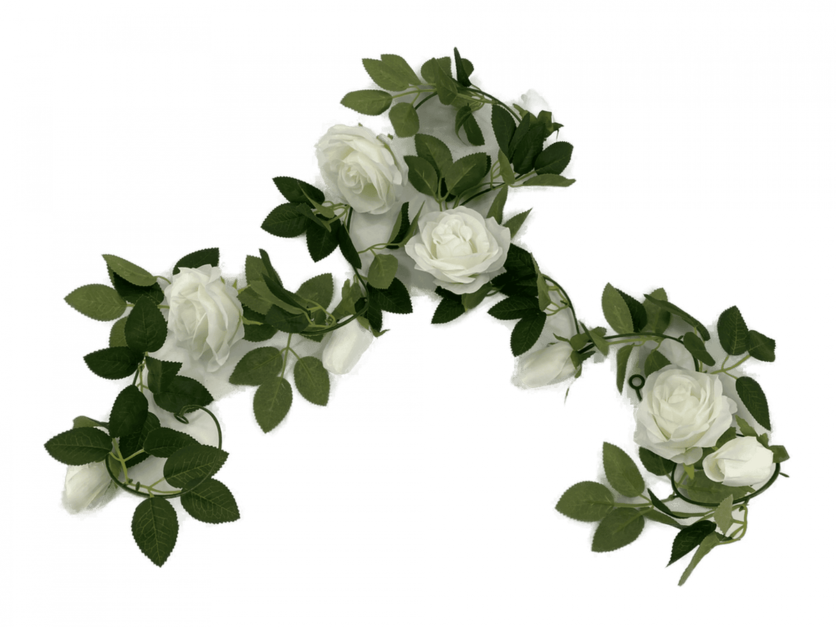 Flowering White Artificial Rose Garland 190cm - Designer Plants