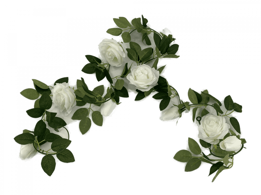Flowering White Artificial Rose Garland 190cm - Designer Plants