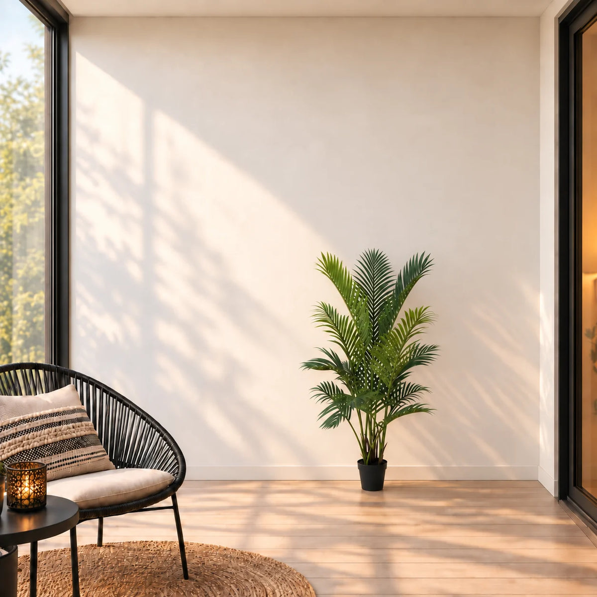 120cm artificial Areca palm in its supplied black pot in a glazed sunroom; furniture shown for styling.