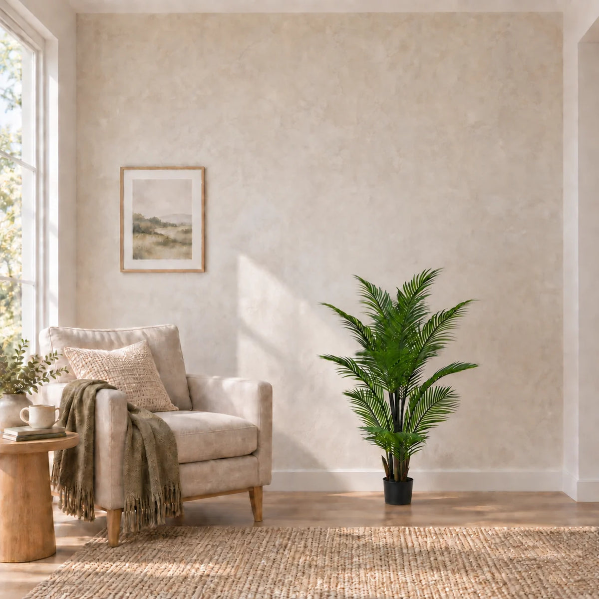 120cm artificial areca palm in its black pot beside a linen reading chair.